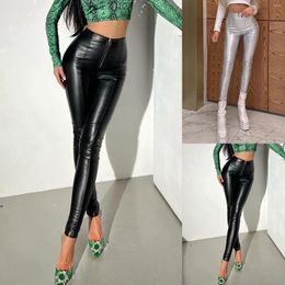 Women's Pants PU Leather Sexy Leggings Front Zipper Up Women Pencil Clubwear Performance High Waist Tight Cropped Trousers Pantalones