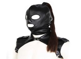 Latex Unisex Hood Mask Sexy PU Leather Masks Men Women Cosplay Flirting Hair Ponytail Chest Belt Headgear Sexy Cosplay Accessory Y1599583