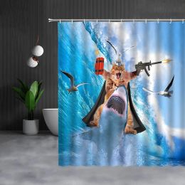 Set Funny Cat Shower Curtain Cute Riding Whale Cartoon Animal Blue Ocean Wave Seagull Summer Children Bathroom Curtains with Hooks