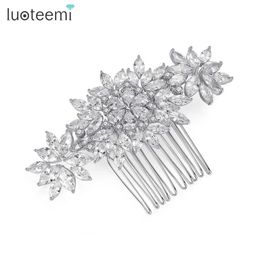 Headbands LUOTEEMI Luxury Wedding CZ Hair Comb Large Crystal Flower Cubic Zirconia Bridal Hair Comb Pin Accessories Elegant Women Q240506