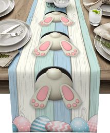 Pads Easter Rabbit Butt Colorful Eggs Wood Grain Linen Table Runners Party Decor Farmhouse Dining Table Runners Wedding Decorations