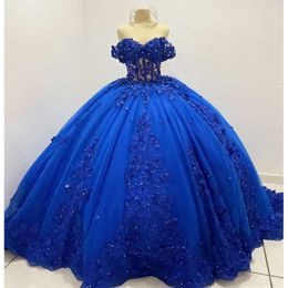 Quinceanera Royal Dresses Lace Blue Applique Off The Shourdeld Beaded Sweep Speak Train Corset Back Sweet 16 Birthday Party Prom Ball Evening Vestidos