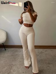 Women's Two Piece Pants Weird Puss Casual Women Tracksuit 2piece Set Solid Short Sleeve Crop Tops Flare Skinny Elastic Matching Streetwear