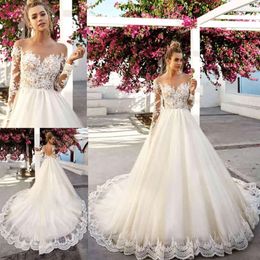 Hochzeit lange Brauthülsenkleider Kleider Kleiz Ein Linie Juwel Hals Spitze Applique Sweep Zugbedeckte Knöpfe Illusion Rücken Tüll maßgeschneiderte Plus -Größe Vestidos de pplique