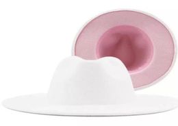 White and Pink Patchwork Women Wide Brim Faux Wool Felt Fedora Hats Unisex Men Vintage Top Cowboy Hat Jazz Party Cap3164010