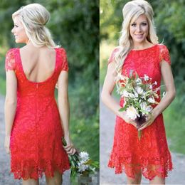 Red Country Bridesmaid Dresses Cheap Full Lace Short Capped Sleeves Scoop Neck Sexy Back Maid Of Honour Gown Wedding Party Wear