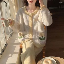 Women's Sleepwear 2024 Coral Velvet Pajamas Women Cardigan Autumn Winter Plus Padded Loungewear Suit Sweet Lovely Flannel Homewear