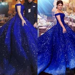 Blue Embroidery 2020 Quinceanera Lace Dresses Royal Applique Off The Shoulder Sweep Train Custom Made Sweet 15 16 Prom Ball Gown