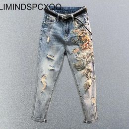 Women's Jeans 2024 Embroidery High Waist Women Summer Heavy Industry Beads Loose Slimming Holes Harem Pants Cropped Baggy Denim