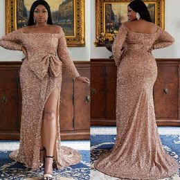 Evening Sequins Dresses Gold Rose Mermaid Long Sleeves Off The Shoulder Side Slit Custom Made Formal Ocn Wear Arabic Prom Gown Vestidos