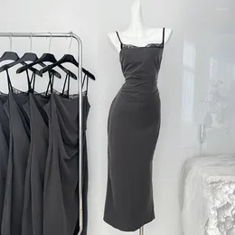 Casual Dresses Temperament Slim-fit Suspender Dress Women Lace Splicing Design Chic A-line Long Fashion Commuting