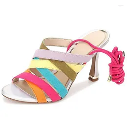 Dress Shoes Chic Multi Colour Band Wrap Open Round Toe Slip On Sandals Heels