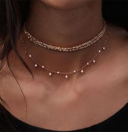 Multilayer Star Bead Choker Necklaces for Women 3 Rows Crystal Rhinestone Chain Necklaces Collier Gold Color Women Charm Jewelry2648725