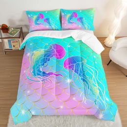 Duvet Cover 3pcs Modern Fashion Set (1*Comforter + 2*Pillowcase, Without Core), Color Mermaid Scale Jeelyfish Print Bedding Set, Soft Comfortable And Skin-friendly