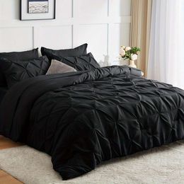Duvet Cover Comforter Set - 7 Pieces Comforters Queen Size Black, Pintuck Bed in A Bag Pinch Pleat Complete Bedding Sets with Comforter, Flat Sheet, Fitted Sheet and