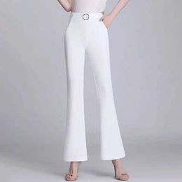 Women's Pants Capris Korean Simple Suit Pants Women New Elastic High Waist Solid Stripe Pockets Spring Autumn Fashion Casual Versatile Flare Trousers Y240504
