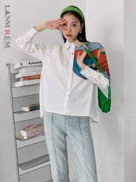 T-Shirt Lanmrem White Digital Printing Ing Shirt Women's Irregular Colour Block Lapel Single Breasted Loose Top 2023 Spring 2r5112