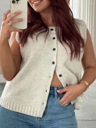 Women's Tanks Fashion Knitted Waistcoat Women Summer Vest Solid Colour Sleeveless Button Front T Shirt 2000s Aesthetic Y2k Clothes Streetwear