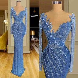 Blue Column Prom Dresses V-Neck Long-Sleeve Floor Length Lace Design Appliques Sequins Beading Celebrity Evening Dresses Plus Size Custom Made L24743