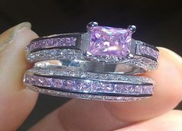 Luxury Size 5678910 Jewellery 10kt white gold filled Pink Topaz Princess cut simulated Diamond Wedding Ring set gift with box4948561