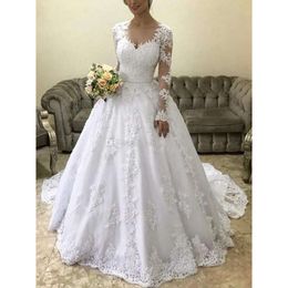 Abiti maniche modesti lunghi 2020 pizzo Applique a V Nastro a collo su misura su misura per abiti da sposa a sfera più size vestido de noni estido