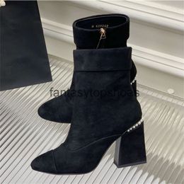 Channeles Toe Black Shoes Designer Pointed Boots Nude Mid Heel Long Short Boots Shoes Sew