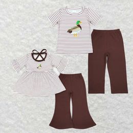 Clothing Sets Wholesale Children's Kids Baby Girls And Boys Clothes Embroidered Duck Stripe Lace Short Sleeve Brown Pantsuit