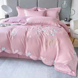 Set 120T Pink Colour Pure Cotton Luxury 4 Pcs Duvet Cover Set Butterfly Embroidery Quilt Cover Naked Sleeping Flat Sheet Pillowcase Sheer Curtains