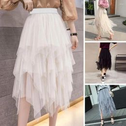 Skirts Midi Skirt With Irregular Mesh Hem Elegant Women's High Waist Tulle Tiered Yarn Long