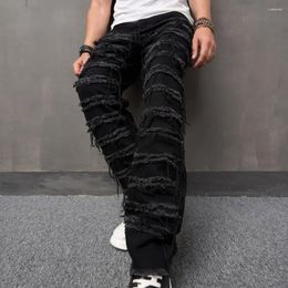 Men's Jeans 2024 Men High Street Stylish Ripped Patch Pants Male Loose Straight Solid Casual Denim Trousers