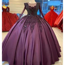 Long Grape Quinceanera Sleeves Dresses Crystals Beaded Scoop Neck Custom Made Sweet 15 16 Pageant Prom Party Ball Gown Vestido