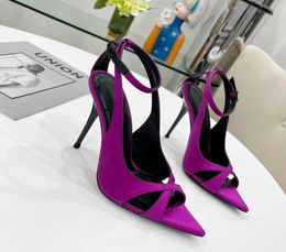 Spring Latest Fashion Purple Satin Shallow Mouth Pointed Sandals Luxury Women039s Ultrahigh Heel Buckle Thin Heel Roman Open T1953011