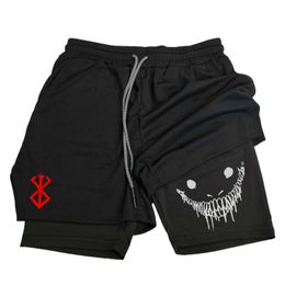 Men's Shorts Anime Berserk Running Shorts Men Fitness Gym Training 2 in 1 Sports Shorts Quick Dry Workout Jogging Double Deck SummerL2405
