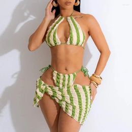 Women's Swimwear Seersucker Stripe Print 3-piece Swimsuit 2024 Summer Hollow Out Bikini Set Low Waist Thong Beach Skirt Bathing Suit