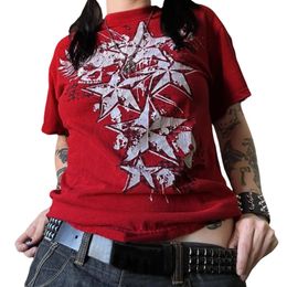 Vintage Women 90s Vintage Mall Goth T-shirt Y2K Cyber Grunge Skull Star Print Tees Harajuku Short Sleeve goth O Neck Crop Tops 240430