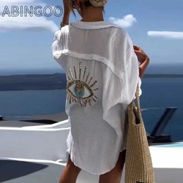 Women Beach Wear ABINGOO Evil Eye Casual Sequin Beaded Shirt Womens Fashion Beach Style Shirt Sunscreen Cotton Linen Womens Loose Plus Shirt Y240504