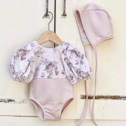 Swimwear Summer Baby Girl Swimsuit Jumpsuit+Hat 2PCS Infant Toddler Flower Swimwear Puff Sleeve Bathing Suit Summer Baby Beach Wear Suit