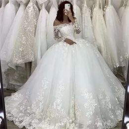 Wedding Dresses Bridal Gown Gorgeous A Line Off The Shoulder Long Sleeves Lace Applique Tulle Satin Sweep Train Custom Made Plus Size Vestido De Novia pplique