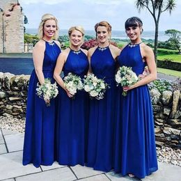 Blue Dresses Halter Bridesmaid Royal Floor Length Chiffon Beaded Custom gjorde en linjestid för hedersklänning country wedding wear