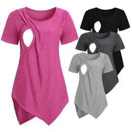 Sleep Lounge Womens Shirt Pregnant Womens Casual Soft Care Top T-shirt Summer Short sleeved Pregnant Womens Clothing Care Breast FeedingL2405