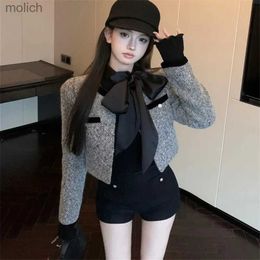 Women's Shorts Retro womens two-piece black bow shirt and short Grey wool jacket with high waisted mini shorts elegant new autumn and winter 3-piece pants set WX