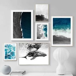 apers Blue Sea Black White Wave Beach Whale Wall Art Canvas Painting Nordic Posters And Prints Wall Pictures For Living Room Decor J240505