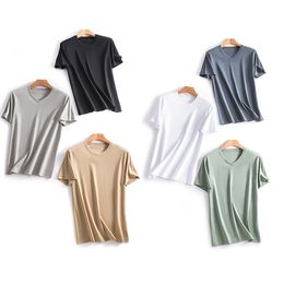 Mercerized Cotton T-shirt Men Worsted High-count Solid Colour Tees Summer Cool Feeling Non-ironing Silky Tops Casual Round Neck V-neck Breathable T Shirts Male Clothes