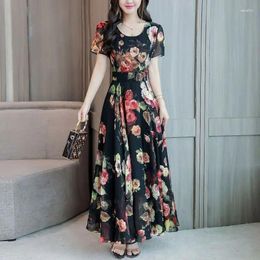 Party Dresses Fashion Broken Flowers Vintage Summer Casual Round Neck Women's Clothing Short Sleeve Elegant A-Line Waist Long Dress