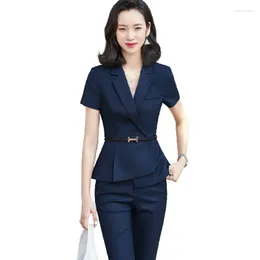 Work Dresses Summer Business Formal Navy Blue Temperament Slim Blazer And Pants Office Ladies Wear High End Short Sleeve Suits Women