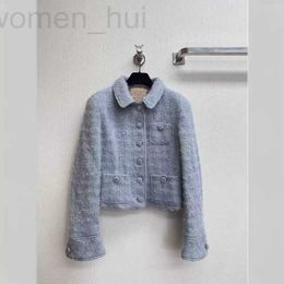 Women's Jackets designer Spring/Summer New Product Wool Coarse Tweed Grey Blue Mixed Line Small Flip Collar Jacket Coat NT0A