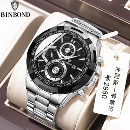 Wristwatches BINBOND Trendy Business Men's Multifunctional Sports Watch Luxury Quartz Luminous Waterproof Steel Strap B1033