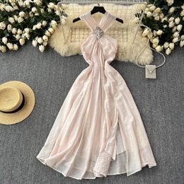 Casual Dresses French Chic For Women Neck-mounted Diamond Setting Skinny Dress Summer Vocation Elegant Female Vestidos Drop