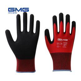 Gloves 3 Pairs Construction Gloves GMG Red Polyester Shell Black Nitrile Sandy Coating Work Safety Gloves Men Work Gloves