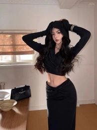 Work Dresses Girl Casual Suit Women's Autumn/Winter Black Cross Hooded Short T-shirt Top Split Wrap Hip Long Skirt Fashion Two-piece Set